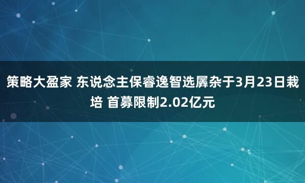 策略大盈家 东说念主保睿逸智选羼杂于3月23日栽培 首募限制2.02亿元